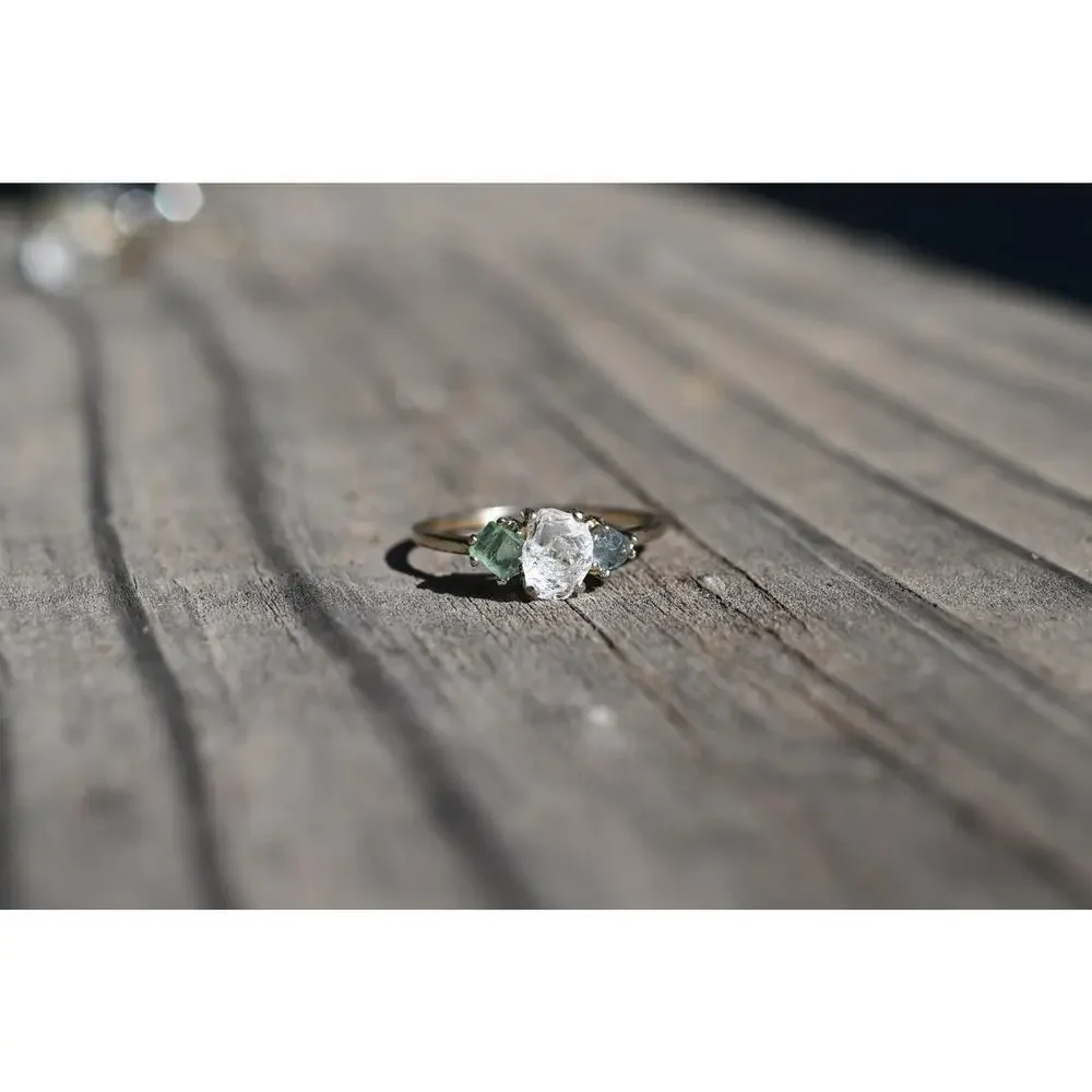 Emerald and Montana sapphire engagement ring 14k white gold size 12
